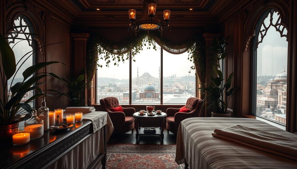 A serene, dimly lit massage parlor in the heart of Istanbul, with ornate Turkish architectural elements, lush green plants, and warm lighting creating a calming, restorative atmosphere. In the foreground, a plush massage table with crisp white linens and an array of therapeutic oils and candles. The middle ground features a tranquil lounge area with richly upholstered chairs and a traditional Turkish tea service, inviting weary visitors to unwind. The background showcases the bustling city skyline through large windows, a juxtaposition of the urban chaos and the sanctuary within, hinting at the power of massage to help escape Istanbul's stress.