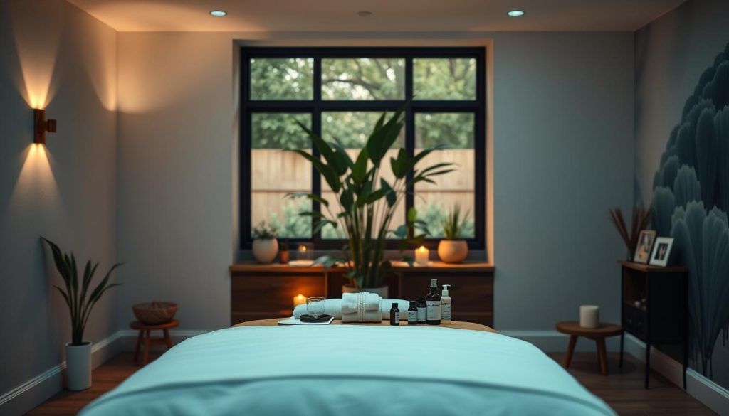 A serene, dimly lit massage studio with soft, diffused lighting from wall sconces and a large window overlooking a calming garden. In the foreground, a wooden massage table with clean white linens and a selection of essential oils, lotions, and aromatherapy candles. The middle ground features a tranquil, lush indoor plant arrangement, while the background showcases a soothing, abstract wall mural in muted tones of blue and green. The overall atmosphere conveys a sense of relaxation, mindfulness, and stress relief.