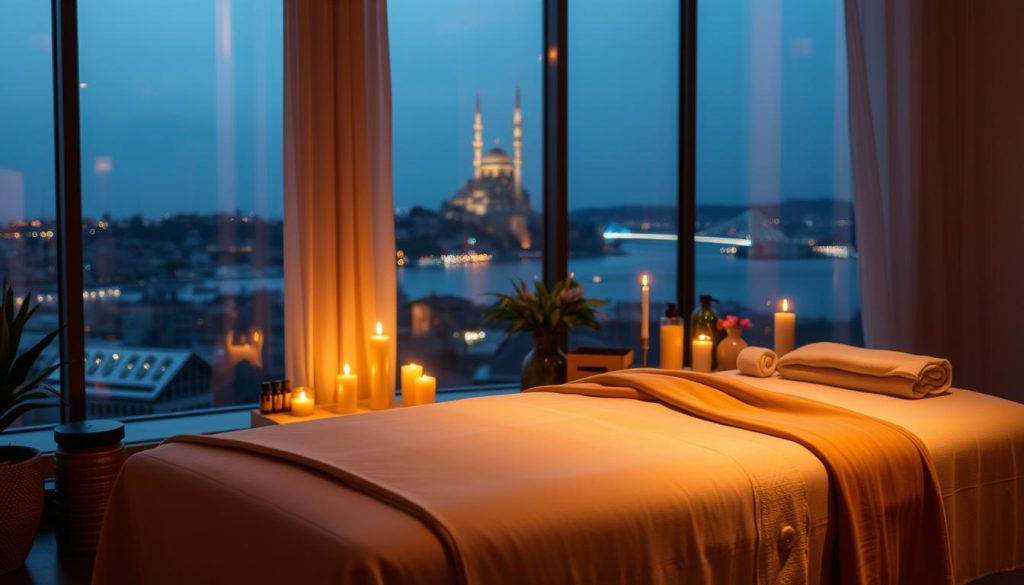 A serene, dimly lit room in Istanbul, Turkey. Soft, warm lighting illuminates the space, creating a calming atmosphere. In the foreground, a massage table draped in luxurious fabrics, inviting the viewer to experience the therapeutic touch. The middle ground features a collection of essential oils, candles, and soothing incense, hinting at the holistic approach to wellness. In the background, a panoramic view of the iconic Istanbul skyline, with the majestic Bosphorus Strait glimmering in the distance. The overall scene evokes a sense of tranquility, mental rejuvenation, and the integration of physical and psychological well-being.