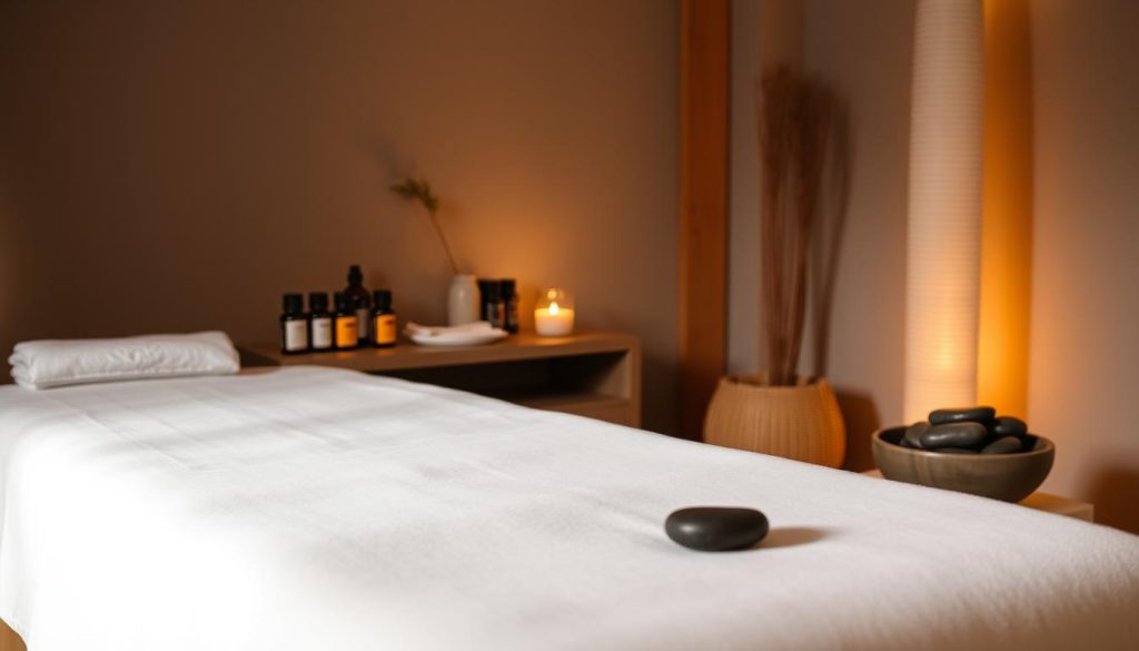 A serene, dimly lit spa setting with soft, warm lighting illuminating a massage table draped in crisp white linens. Beside the table, a display of essential oils, massage tools, and a bowl of river stones. The background features a tranquil, muted color palette with hints of natural wood accents. Subtle shadows and textures create a calming, inviting atmosphere, conveying the ultimate relaxation experience of a Swedish massage for beginners.