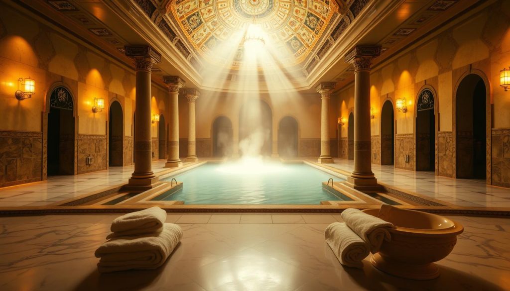 A serene hammam interior bathed in warm, golden light. The foreground features smooth marble floors, plush towels, and traditional wash basins. In the middle ground, a tranquil pool of steaming water surrounded by ornate columns and arched doorways. The background reveals a domed ceiling adorned with intricate mosaics, casting a soft, diffused illumination. Capture the essence of this centuries-old Turkish bathing ritual, with a focus on the soothing, immersive atmosphere of the hammam experience. A serene hammam interior bathed in warm, golden light. The foreground features smooth marble floors, plush towels, and traditional wash basins. In the middle ground, a tranquil pool of steaming water surrounded by ornate columns and arched doorways. The background reveals a domed ceiling adorned with intricate mosaics, casting a soft, diffused illumination. Capture the essence of this centuries-old Turkish bathing ritual, with a focus on the soothing, immersive atmosphere of the hammam experience.