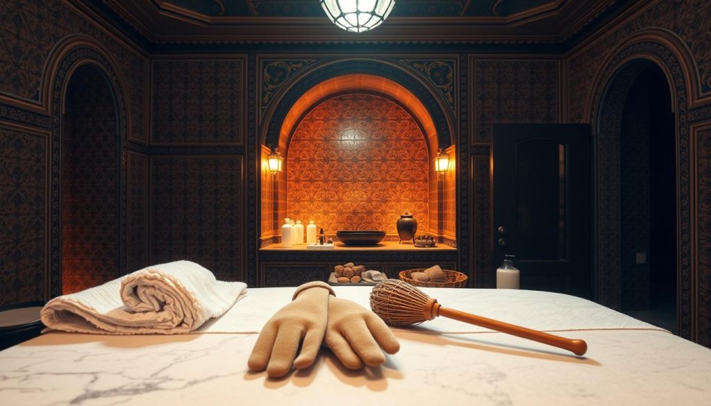 A serene hammam interior, dimly lit with warm, ambient lighting. In the foreground, an ornate marble massage table, draped with plush towels. The middle ground showcases an array of traditional massage implements - wooden kese gloves, horsehair mitts, and aromatic oils. In the background, intricate tile patterns and arched doorways hint at the historic architecture. The atmosphere exudes a sense of tranquility and centuries-old traditions of relaxation and wellness. A perfect scene to showcase the diverse massage therapies available in Istanbul's renowned hammams.