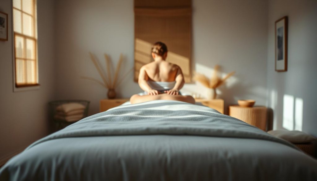 A serene massage studio bathed in soft, natural lighting. In the foreground, a massage table covered in plush linens, inviting the viewer to experience a moment of tranquility. The middle ground features a skilled masseuse, hands gracefully gliding over the recipient's back, alleviating tension and stress. The background showcases a calming, minimalist design, with subtle Scandinavian influences, evoking a sense of peace and relaxation. The overall atmosphere is one of soothing comfort, a sanctuary where the pressures of the outside world melt away.