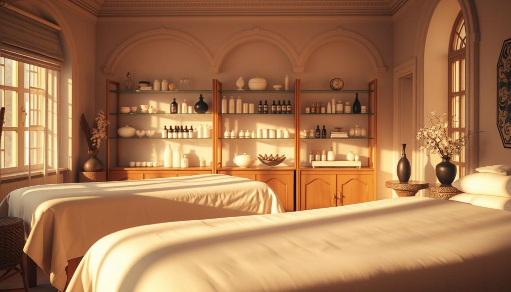 A serene massage studio in Istanbul, bathed in warm natural light. In the foreground, plush massage tables draped with soft, luxurious linens. Subtle scents of essential oils fill the air, creating a calming ambiance. In the middle ground, shelves displaying an array of massage tools and self-care products. The background features elegant Turkish architectural details, conveying a sense of timeless tradition. The overall scene exudes a soothing, wellness-focused atmosphere, inviting viewers to experience the secrets of healthy aging through the art of massage in this iconic city. A serene massage studio in Istanbul, bathed in warm natural light. In the foreground, plush massage tables draped with soft, luxurious linens. Subtle scents of essential oils fill the air, creating a calming ambiance. In the middle ground, shelves displaying an array of massage tools and self-care products. The background features elegant Turkish architectural details, conveying a sense of timeless tradition. The overall scene exudes a soothing, wellness-focused atmosphere, inviting viewers to experience the secrets of healthy aging through the art of massage in this iconic city.