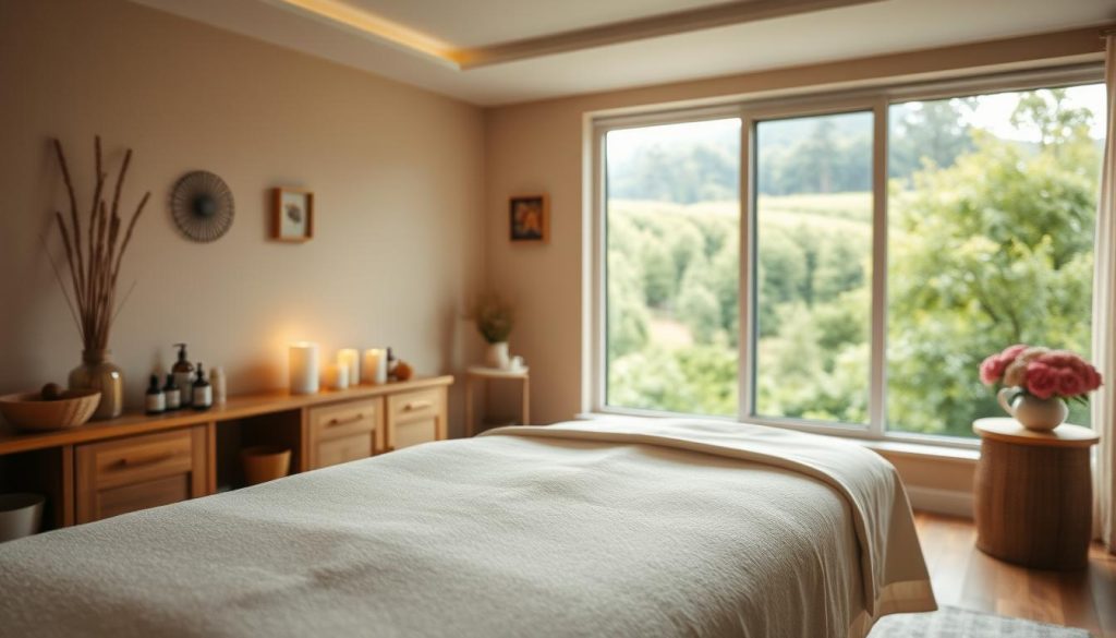 A serene massage studio with soft lighting and a tranquil atmosphere. In the foreground, a plush massage table with crisp white linens. Beside it, an array of essential oils and soothing lotions. In the middle ground, a large window overlooking a lush, verdant landscape, bathing the room in a warm, natural glow. In the background, subtle, calming wall decor and a cozy, inviting ambiance. The scene conveys the calming, rejuvenating benefits of a Swedish massage, with an emphasis on relaxation, stress relief, and improved circulation.