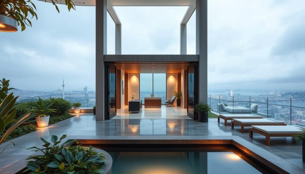 A serene, modern health spa nestled in the heart of Istanbul, showcasing a tasteful mix of Turkish architectural elements and contemporary design. The foreground features a tranquil water feature, surrounded by lush greenery and warm lighting, inviting visitors to unwind. The middle ground displays an inviting reception area with sleek furnishings and a calming ambiance. In the background, a panoramic view of the iconic Istanbul skyline, with the Bosphorus Strait visible in the distance, creating a sense of balance and harmony. The overall scene conveys a high-end, luxurious wellness experience, reflecting the sophistication and cultural richness of the city.