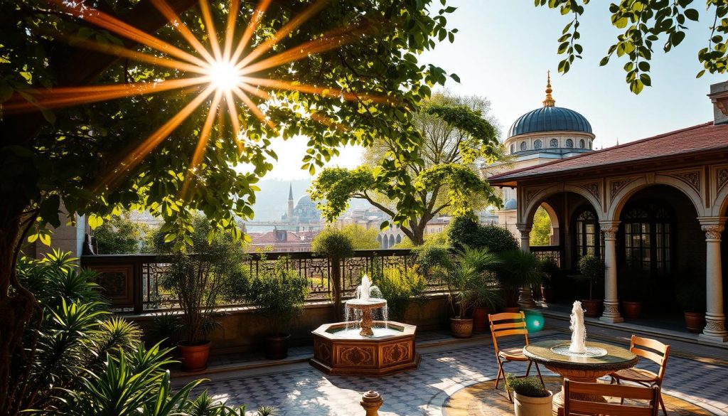A serene oasis in the heart of Istanbul, the rejuvenation spots capture the city's vibrant energy and timeless charm. Sunlight dances through lush foliage, casting a warm glow over secluded courtyards and tranquil fountains. Intricate tilework and ornate architecture create an atmosphere of timeless elegance, inviting visitors to pause and reconnect with the moment. In the middle ground, cozy nooks and hidden alcoves offer respite from the bustling streets, while the background reveals the iconic silhouettes of historic landmarks, creating a harmonious blend of old and new. The overall scene exudes a sense of restorative calm, where one can truly recharge between the demands of business and the pleasures of self-care. A serene oasis in the heart of Istanbul, the rejuvenation spots capture the city's vibrant energy and timeless charm. Sunlight dances through lush foliage, casting a warm glow over secluded courtyards and tranquil fountains. Intricate tilework and ornate architecture create an atmosphere of timeless elegance, inviting visitors to pause and reconnect with the moment. In the middle ground, cozy nooks and hidden alcoves offer respite from the bustling streets, while the background reveals the iconic silhouettes of historic landmarks, creating a harmonious blend of old and new. The overall scene exudes a sense of restorative calm, where one can truly recharge between the demands of business and the pleasures of self-care.