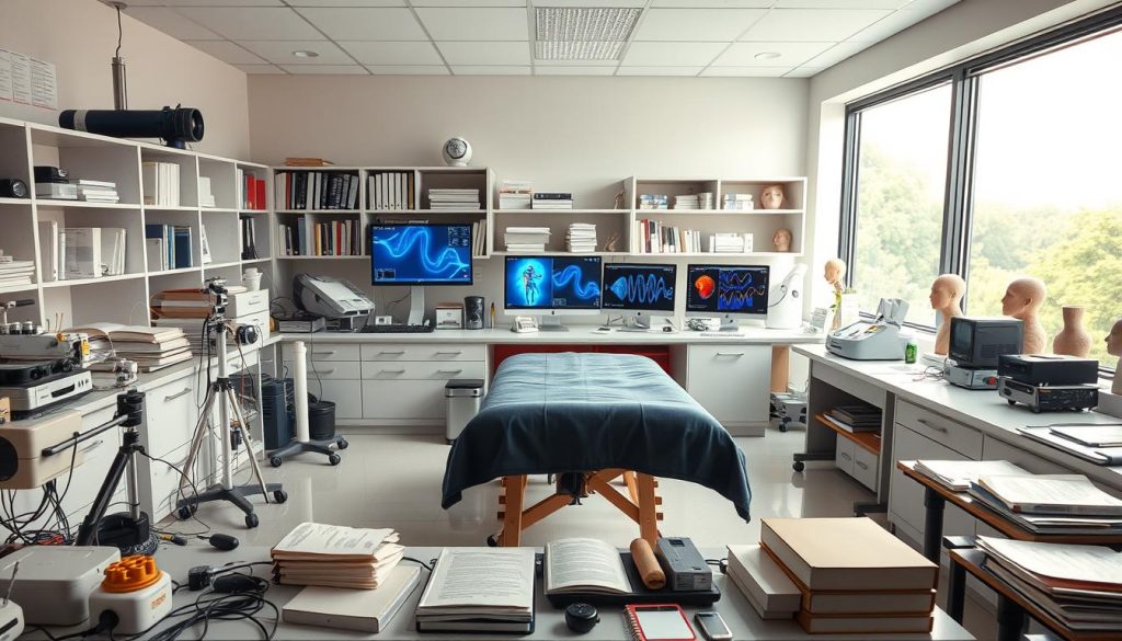 A serene research laboratory filled with scientific equipment and research materials. In the foreground, various tools and instruments used in massage therapy research, such as pressure sensors, infrared cameras, and electromyography devices. In the middle ground, a massage table surrounded by scientific journals, textbooks, and computer monitors displaying data visualizations. The background features shelves of medical references, anatomical models, and a large window overlooking a peaceful natural landscape, bathed in soft, diffused lighting. The overall atmosphere conveys a sense of meticulous, evidence-based inquiry into the therapeutic benefits of massage.