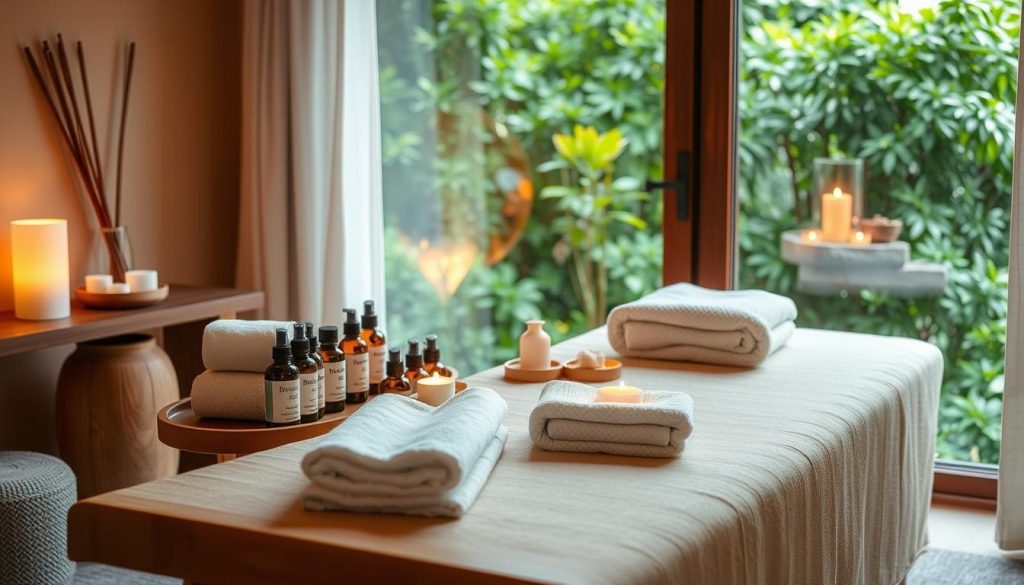 A serene, spa-like environment with warm, diffused lighting and soft, natural textures. On a wooden table, an array of massage oils, towels, and other essential tools are neatly arranged, creating a sense of tranquility and preparedness. The table is placed in front of a large window, allowing natural light to filter in and cast a soothing glow over the scene. In the background, lush, verdant foliage suggests a peaceful, calming setting, further enhancing the atmosphere of relaxation and rejuvenation.