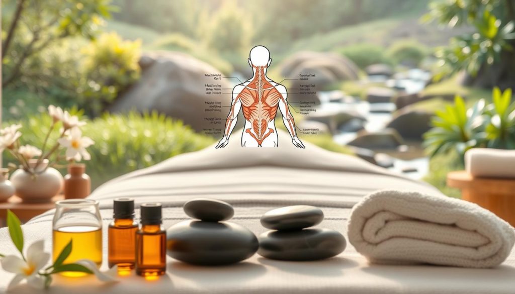 A serene, spa-like scene showcasing the benefits of massage therapy. In the foreground, a tranquil tableau of soothing essential oils, smooth river stones, and soft towels set the stage. The middle ground features a table with a stylized anatomical illustration highlighting key muscle groups and pressure points. In the background, a calming landscape of lush greenery and a gently flowing stream, bathed in soft, natural lighting that creates a sense of relaxation and well-being. The overall mood is one of harmony, balance, and the rejuvenating power of touch therapy.