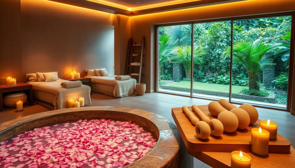 A serene spa oasis, bathed in warm lighting and filled with the soothing aromas of essential oils. In the foreground, a luxurious stone bath overflows with fragrant flower petals, inviting guests to sink in and indulge in a rejuvenating soak. Surrounding the tub, plush towels, scented candles, and an array of pampering treatments create a welcoming, tranquil atmosphere. In the middle ground, a collection of natural sponges, massage oils, and jade facial rollers rest on a wooden display, hinting at the restorative therapies to come. The background depicts a minimalist, earthy-toned space with large windows overlooking a lush, verdant garden, adding to the serene, restorative ambiance.