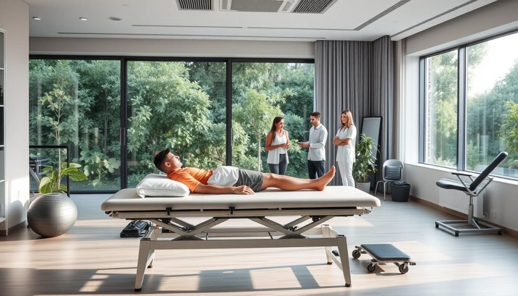 A serene, state-of-the-art physical therapy clinic overlooking a lush, verdant garden. In the foreground, a patient undergoes a comprehensive evaluation on a modern examination table, surrounded by an array of rehabilitation equipment - exercise balls, resistance bands, and sleek, ergonomic devices. Soft, diffused lighting creates a calming atmosphere, while large windows allow natural light to flood the space. In the middle ground, a team of dedicated physiotherapists and occupational therapists collaborate, discussing tailored treatment plans. The background features a soothing, minimalist design with clean lines and muted tones, conveying a sense of holistic, evidence-based care.