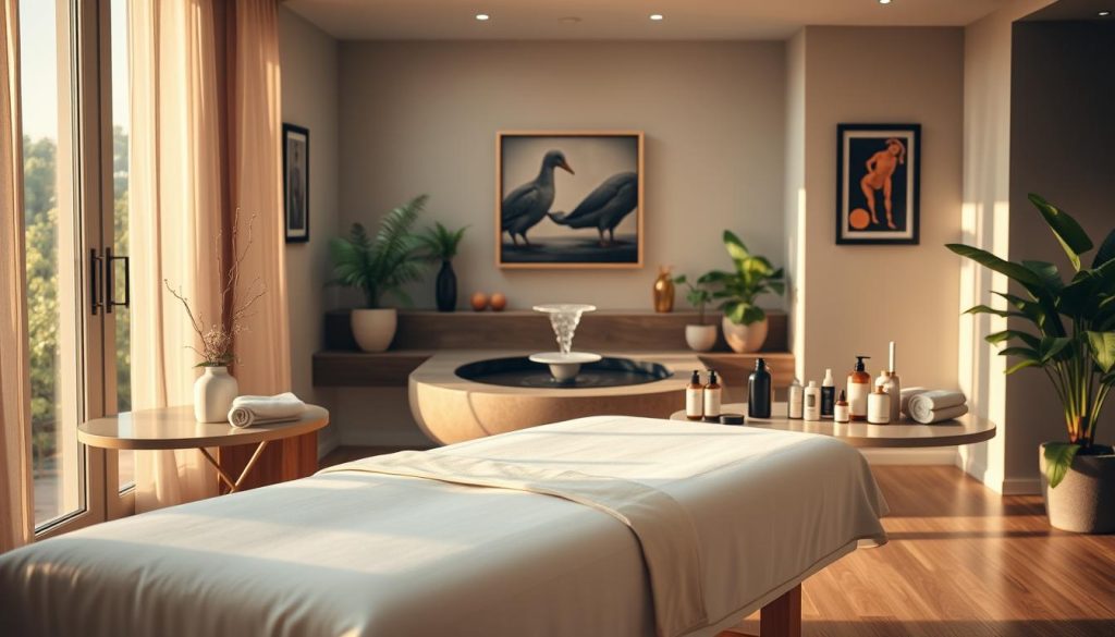 A serene, well-appointed medical massage studio, illuminated by warm natural lighting filtering through large windows. In the foreground, an elegant massage table is positioned, its clean white linens and plush cushions inviting. On a sleek side table, an array of massage oils and tools are neatly arranged. The middle ground features a calming water feature, its soothing sounds adding to the tranquil ambiance. The background showcases tasteful artwork and lush greenery, creating a harmonious, spa-like atmosphere. The overall scene conveys the high-quality, professional setting that influences the pricing of a medical massage experience.