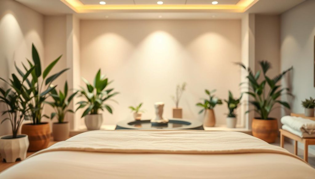 A serene, well-lit massage studio filled with soothing colors and natural elements. In the foreground, a delicately draped massage table, its plush surface inviting relaxation. Soft lighting casts a warm glow, creating an atmosphere of tranquility. In the middle ground, lush potted plants and a tranquil water feature, their calming presence enhancing the space. The background features a minimalist, spa-like decor with clean lines and natural textures, conveying a sense of wellness and rejuvenation. The overall scene exudes a therapeutic ambiance, perfectly capturing the health and wellness benefits of a professional massage experience. A serene, well-lit massage studio filled with soothing colors and natural elements. In the foreground, a delicately draped massage table, its plush surface inviting relaxation. Soft lighting casts a warm glow, creating an atmosphere of tranquility. In the middle ground, lush potted plants and a tranquil water feature, their calming presence enhancing the space. The background features a minimalist, spa-like decor with clean lines and natural textures, conveying a sense of wellness and rejuvenation. The overall scene exudes a therapeutic ambiance, perfectly capturing the health and wellness benefits of a professional massage experience.