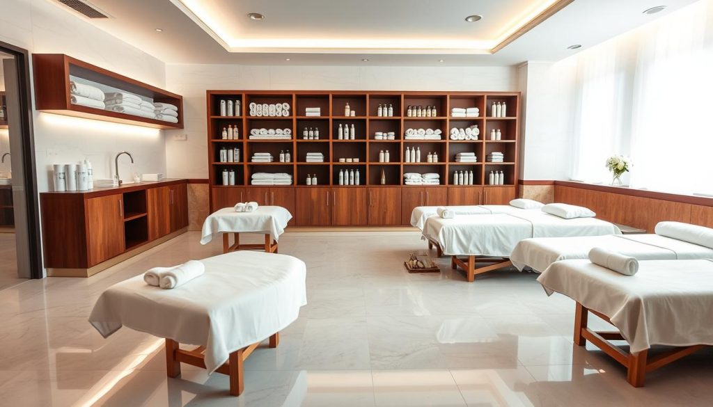 A serene, well-lit spa interior with gleaming, spotless tiled floors and walls. Plush, hygienic massage tables are neatly arranged, surrounded by stylish wooden shelving stocked with pristine, neatly organized towels and spa products. Soft, indirect lighting creates a calming, luxurious atmosphere. The scene conveys a sense of impeccable cleanliness, order, and attention to detail, reflecting the highest standards of hygiene and wellness in Istanbul's premier massage salons.