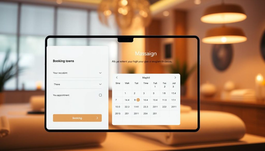 A sleek, modern online booking interface for a high-end massage salon, bathed in warm, inviting lighting. The foreground features a clean, intuitive booking form with minimalist icons and elegant typography. The middle ground showcases a visually appealing calendar display, allowing customers to effortlessly select their preferred appointment time. In the background, a subtle, blurred view of the salon's tranquil, spa-like ambiance creates a sense of relaxation and professionalism. The overall tone conveys a user-friendly, luxury experience that seamlessly integrates digital booking with the salon's high-quality services.