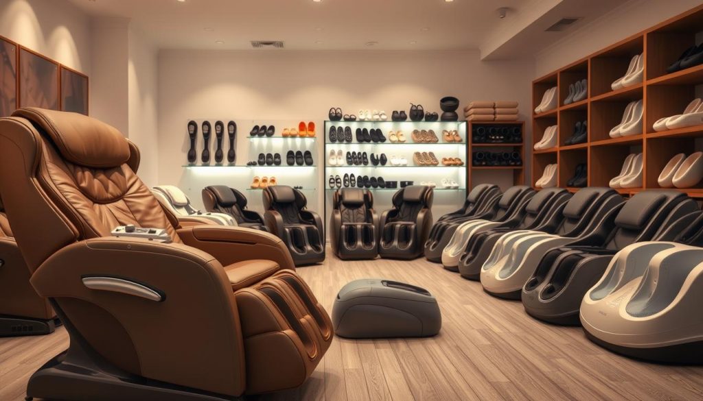 A spacious and well-lit room, showcasing an assortment of massage chairs and foot massagers. In the foreground, a plush, ergonomic massage chair with adjustable settings and soothing vibrations. Surrounding it, an array of modern, sleek foot massagers with various massage modes and intensity levels. The middle ground features a variety of massage tools, such as kneading rollers and heated pads, neatly arranged on shelves. The background is softly lit, creating a calming and inviting atmosphere, perfect for a relaxing spa-like experience. The overall scene conveys a sense of indulgence and rejuvenation, catering to a diverse range of massage needs.