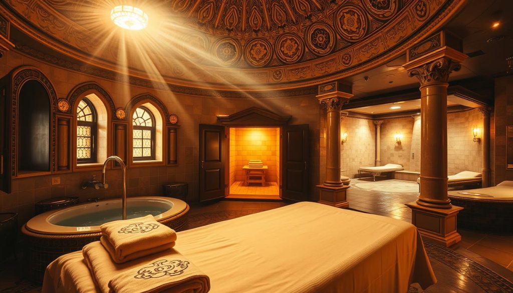 A traditional Turkish bath, or Hammam, nestled in the heart of Istanbul's Asian side, illuminated by warm, golden lighting. The ornate, domed architecture features intricate tile work, with sunlight filtering through the windows, casting a soft, inviting glow. In the foreground, a luxurious massage table awaits, surrounded by plush towels and aromatic oils, ready to transport visitors to a world of relaxation and rejuvenation. The middle ground showcases the soothing steam rooms, where the scent of eucalyptus and mint mingle with the sound of flowing water. The background depicts the serene, tiled relaxation areas, inviting guests to unwind and bask in the authentic Turkish bath experience.