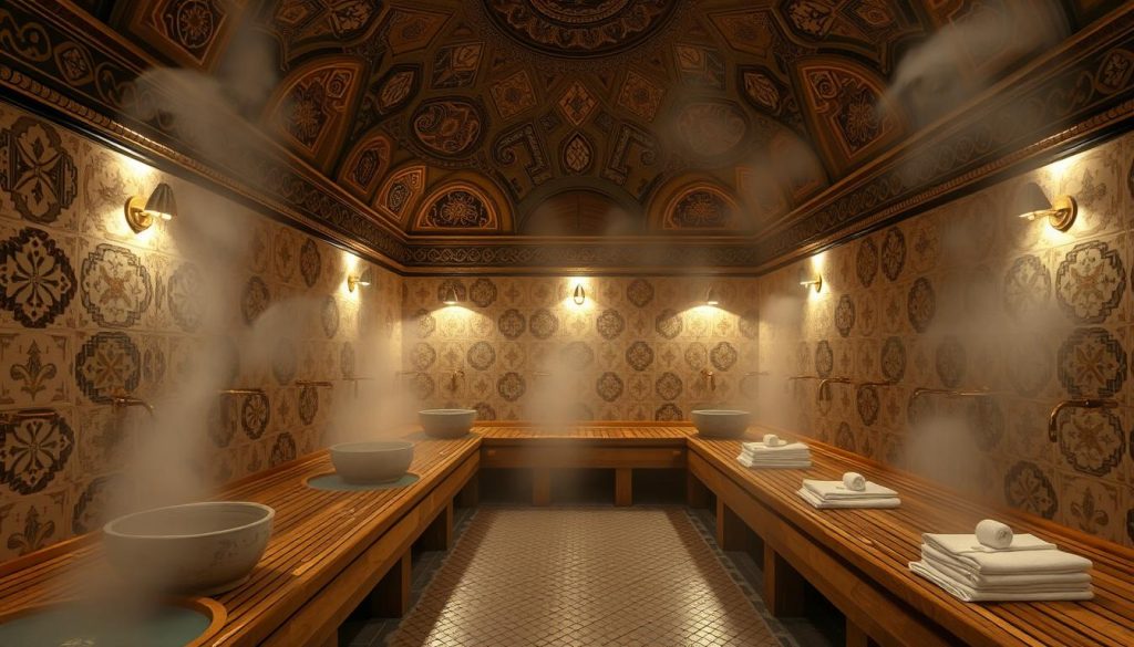 A traditional Turkish hamam interior with intricate tile patterns, ornate domed ceilings, and soft, diffused lighting. Wooden benches and basins line the walls, steam gently rising. Brass fittings and towels neatly folded, creating a serene and inviting atmosphere. The scene conveys the etiquette and customs of this centuries-old bathing ritual, where men can relax, cleanse, and rejuvenate. Capture the timeless elegance and cultural significance of the Turkish hamam experience. A traditional Turkish hamam interior with intricate tile patterns, ornate domed ceilings, and soft, diffused lighting. Wooden benches and basins line the walls, steam gently rising. Brass fittings and towels neatly folded, creating a serene and inviting atmosphere. The scene conveys the etiquette and customs of this centuries-old bathing ritual, where men can relax, cleanse, and rejuvenate. Capture the timeless elegance and cultural significance of the Turkish hamam experience.