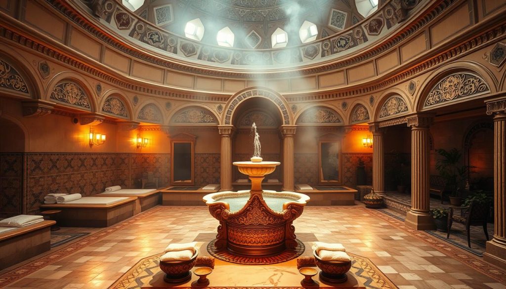 A traditional Turkish hamam spa set in a grand, domed interior with intricate Ottoman-style tile work and ornate architectural details. Warm, diffused lighting creates a serene, atmospheric ambiance, with steam gently rising from heated marble platforms. In the foreground, a large, ornate marble fountain takes center stage, surrounded by luxurious, plush towels and traditional scrubbing bowls. The middle ground reveals cozy, private bathing alcoves, while the background showcases an expansive, relaxing lounge area with ornate furniture and potted plants, transporting the viewer to a timeless, restorative oasis. A traditional Turkish hamam spa set in a grand, domed interior with intricate Ottoman-style tile work and ornate architectural details. Warm, diffused lighting creates a serene, atmospheric ambiance, with steam gently rising from heated marble platforms. In the foreground, a large, ornate marble fountain takes center stage, surrounded by luxurious, plush towels and traditional scrubbing bowls. The middle ground reveals cozy, private bathing alcoves, while the background showcases an expansive, relaxing lounge area with ornate furniture and potted plants, transporting the viewer to a timeless, restorative oasis.