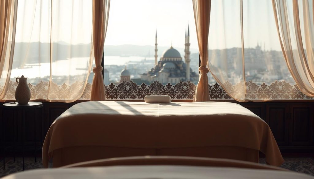 A tranquil Balinese massage studio in the heart of Istanbul, with soft lighting filtering through gauzy curtains. In the foreground, a plush massage table is draped in luxurious fabrics, inviting the viewer to experience a rejuvenating treatment. The middle ground features ornate Moorish architecture, hinting at the city's rich cultural heritage. In the background, a panoramic view of the Bosphorus Strait and the iconic domes of the Sultanahmet Mosque create a soothing, contemplative atmosphere. The overall scene evokes a sense of harmony, balance, and mindfulness - the perfect setting for a mind-boosting Balinese massage in Istanbul. A tranquil Balinese massage studio in the heart of Istanbul, with soft lighting filtering through gauzy curtains. In the foreground, a plush massage table is draped in luxurious fabrics, inviting the viewer to experience a rejuvenating treatment. The middle ground features ornate Moorish architecture, hinting at the city's rich cultural heritage. In the background, a panoramic view of the Bosphorus Strait and the iconic domes of the Sultanahmet Mosque create a soothing, contemplative atmosphere. The overall scene evokes a sense of harmony, balance, and mindfulness - the perfect setting for a mind-boosting Balinese massage in Istanbul.