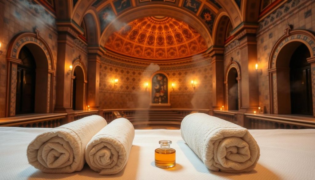 A tranquil hammam interior in Istanbul, showcasing the wellness services on offer. In the foreground, plush towels and scented oils are neatly arranged, inviting visitors to indulge in a relaxing massage. The middle ground features the ornate, domed architecture, with intricate tilework and warm lighting casting a soothing ambiance. In the background, steam gently rises, hinting at the rejuvenating hammam experience. The scene conveys a sense of traditional Turkish hospitality and the holistic wellness treatments available within this historic setting.