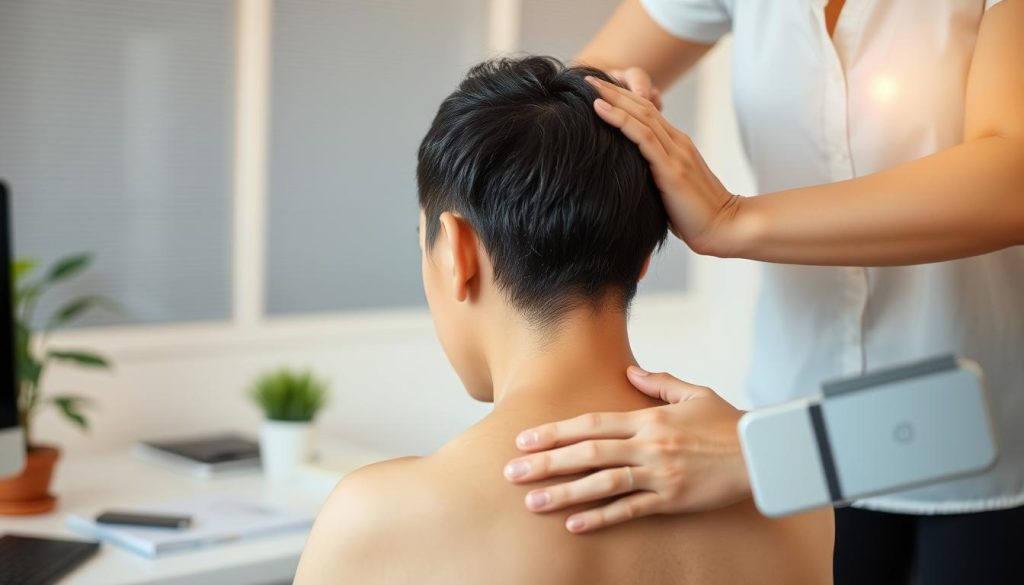 A tranquil office setting, a massage therapist's hands gently kneading the shoulders of a relaxed office worker. Soft lighting casts a soothing glow, complementing the calming color palette of the workspace. In the background, a potted plant and a minimalist desk setup create a serene, productivity-enhancing atmosphere. The massage recipient's expression conveys a sense of relief and rejuvenation, showcasing the tangible benefits of incorporating massage therapy into the workplace.
