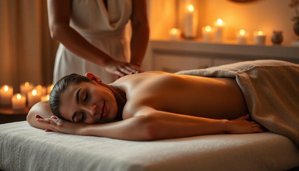 A tranquil scene of a luxurious deep tissue aromatherapy massage in progress. The masseuse's skilled hands knead and press into the client's back, gently working out tension and stress. The room is dimly lit with candles, creating a soothing, meditative atmosphere. Soft ambient music plays in the background, complementing the calming scent of essential oils diffusing through the air. The client's face is relaxed, eyes closed, as they surrender to the therapeutic touch. The massage table is draped in plush linens, the lighting is warm and flattering. The overall mood is one of deep relaxation and renewal. A tranquil scene of a luxurious deep tissue aromatherapy massage in progress. The masseuse's skilled hands knead and press into the client's back, gently working out tension and stress. The room is dimly lit with candles, creating a soothing, meditative atmosphere. Soft ambient music plays in the background, complementing the calming scent of essential oils diffusing through the air. The client's face is relaxed, eyes closed, as they surrender to the therapeutic touch. The massage table is draped in plush linens, the lighting is warm and flattering. The overall mood is one of deep relaxation and renewal.