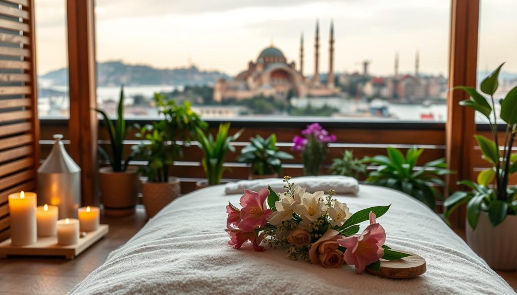 A tranquil scene of an aromatherapy massage in a serene Istanbul setting. In the foreground, a plush massage table adorned with soft linens and a bouquet of fragrant flowers. Gentle lighting from candles and a diffuser casts a warm, calming glow. In the middle ground, wooden accents and lush, verdant potted plants evoke a soothing, earthy atmosphere. The background features a view of the Bosphorus Strait, with the iconic silhouette of the Hagia Sophia and other historic landmarks in the distance. An aura of relaxation and wellness permeates the space, inviting the viewer to experience the restorative power of aromatherapy massage in this picturesque Istanbul setting.