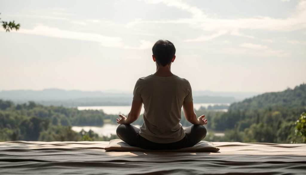 A tranquil scene of visualization techniques, with a serene forest landscape in the background. In the foreground, a person sits cross-legged on a meditation cushion, eyes closed in deep contemplation. Soft, diffused lighting illuminates the scene, creating a calming, introspective atmosphere. The middle ground features a shimmering lake, its surface reflecting the lush foliage surrounding it. Wispy clouds drift across a pale blue sky, adding to the sense of peace and tranquility. The composition is balanced and harmonious, inviting the viewer to engage in their own mindfulness practice.