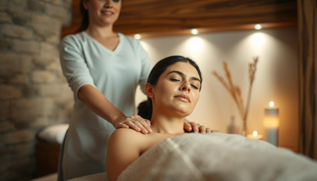 A tranquil spa setting in Istanbul, Turkey, with a massage therapist's skilled hands gently kneading the shoulders of a client, their face serene and at peace. Soft, diffused lighting creates a soothing ambiance, while the background features calming, earthy tones and textures, such as natural stone walls and wooden accents. A sense of balance and harmony pervades the scene, reflecting the restorative power of massage in restoring mental and physical equilibrium.