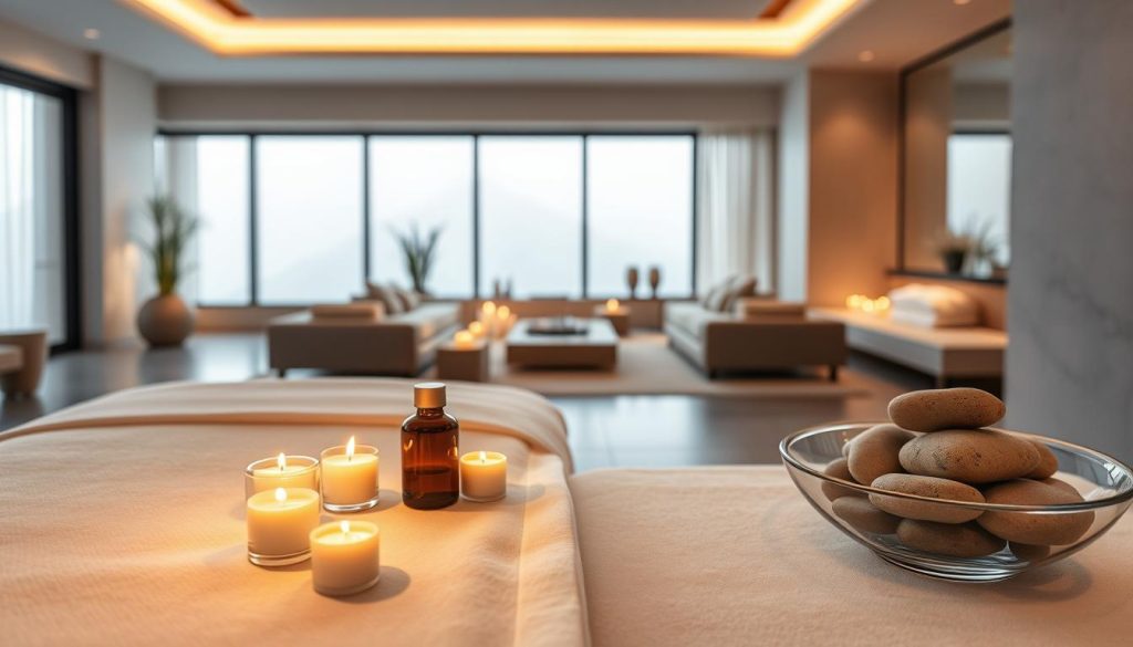 A tranquil spa setting with an elegant, contemporary design. In the foreground, a plush massage table draped with soft, white linens, illuminated by warm, ambient lighting. Nearby, a selection of rejuvenating spa treatments - scented candles, aromatic essential oils, and a glass bowl filled with smooth, polished stones. In the background, a serene, minimalist space with sleek, neutral-toned furnishings and large windows that flood the room with natural light, offering a soothing, relaxing atmosphere. The overall scene evokes a sense of tranquility, indulgence, and a retreat from the stresses of everyday life. A tranquil spa setting with an elegant, contemporary design. In the foreground, a plush massage table draped with soft, white linens, illuminated by warm, ambient lighting. Nearby, a selection of rejuvenating spa treatments - scented candles, aromatic essential oils, and a glass bowl filled with smooth, polished stones. In the background, a serene, minimalist space with sleek, neutral-toned furnishings and large windows that flood the room with natural light, offering a soothing, relaxing atmosphere. The overall scene evokes a sense of tranquility, indulgence, and a retreat from the stresses of everyday life.