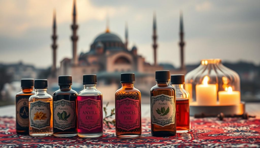 A tranquil still life scene capturing the essence of aromatic oils and energy balance in Istanbul. In the foreground, a collection of ornate glass bottles filled with richly colored essential oils, their labels bearing the names of ancient spices and calming botanicals. The middle ground showcases an intricately patterned Turkish rug, its vibrant hues and intricate design evoking the cultural heritage of the city. In the background, a subtle silhouette of the iconic Hagia Sophia mosque, its domes and minarets hinting at the spiritual energy that permeates the city. Warm, diffused lighting casts a serene, meditative glow over the scene, creating a sense of tranquility and balance.