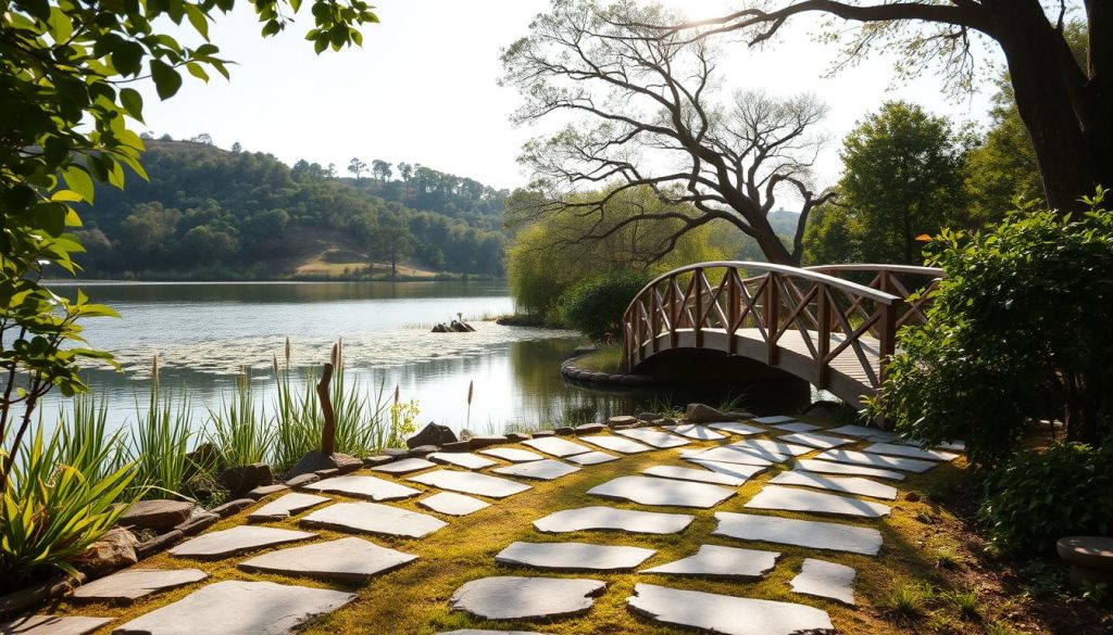 A tranquil, sun-drenched meditation garden with a serene pond and lush, verdant foliage. In the foreground, a smooth river stone path leads to a wooden bridge arching over the water, inviting the viewer to embark on a journey of wellness and rejuvenation. The middle ground features a graceful, tree-covered hillside, its branches swaying gently in a soft breeze. In the background, the horizon is painted with soft, pastel hues, creating a calming, ethereal atmosphere. The overall scene conveys a sense of harmony, balance, and inner peace, reflecting the idea of nurturing both the body and the soul.