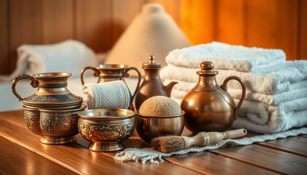 A well-lit still life of traditional Turkish bath essentials arranged on a wooden surface. In the foreground, a set of ornate, copper bowls and jugs used for water. In the middle ground, a plush, terry cloth towel, a natural sponge, and a wooden scrubbing brush. In the background, a stack of fluffy white towels and a traditional felt hat known as a peştemal. The scene is bathed in warm, ambient lighting, creating a serene and inviting atmosphere, reflecting the relaxing and rejuvenating experience of a Turkish bath. A well-lit still life of traditional Turkish bath essentials arranged on a wooden surface. In the foreground, a set of ornate, copper bowls and jugs used for water. In the middle ground, a plush, terry cloth towel, a natural sponge, and a wooden scrubbing brush. In the background, a stack of fluffy white towels and a traditional felt hat known as a peştemal. The scene is bathed in warm, ambient lighting, creating a serene and inviting atmosphere, reflecting the relaxing and rejuvenating experience of a Turkish bath.