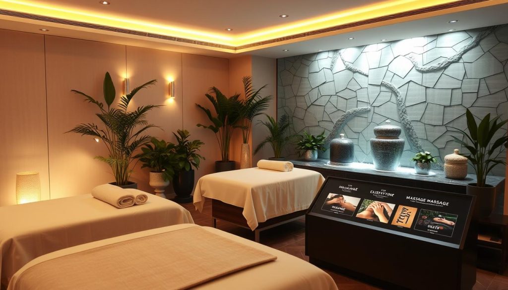 An elegant massage studio in the heart of Istanbul, with plush massage tables and calming aromatherapy diffusers. Soft, warm lighting illuminates the space, creating a tranquil atmosphere. Lush potted plants and a soothing water feature in the background, transporting guests to a serene oasis away from the bustling city streets. Luxurious, customized massage packages are showcased on a sleek, modern display, enticing visitors to indulge in a transformative one-hour escape.