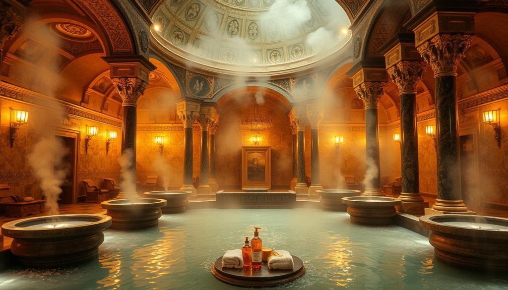 An opulent Turkish Hamam with intricate tile work and domed ceilings bathed in warm, diffused lighting. Massive stone basins and ornate marble columns create a grand, luxurious atmosphere. Steam gently billows, enveloping the space in a soothing, therapeutic mist. Plush towels and aromatic oils hint at the restorative treatments available. The scene evokes the centuries-old tradition of relaxation and wellness in this iconic Istanbul landmark.