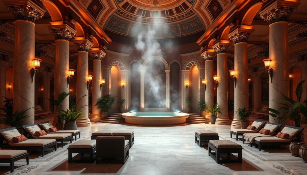 An ornate, opulent Istanbul spa facility set in a grand, Neo-Ottoman architectural style. The interior is suffused with warm, ambient lighting, casting a cozy, relaxing glow. Polished marble floors and columns stretch into the distance, framing a central feature - an expansive, pristine Turkish bath. Plush, luxurious lounge chairs surround the bath, inviting guests to unwind. Lush, verdant potted plants and rich, ornate textile accents decorate the space, creating a sense of tranquility and indulgence. Steam gently wafts through the air, adding to the soothing, therapeutic atmosphere. A high, domed ceiling with intricate tilework completes the opulent, timeless aesthetic of this state-of-the-art Istanbul spa facility.