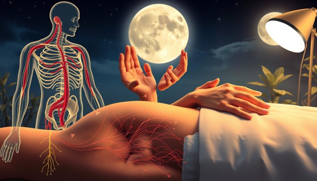 a detailed scientific diagram depicting massage techniques and their effects on sleep quality. in the foreground, a cross-section of the human body shows the circulatory and nervous systems, with arrows indicating the flow of blood and nerve impulses. in the middle ground, hands expertly manipulate pressure points, promoting relaxation. the background features a calming, sleep-inducing environment with a night sky, full moon, and tranquil plants. the lighting is soft and warm, creating a soothing, therapeutic atmosphere. the overall tone is one of scientific rigor and evidence-based wellness.