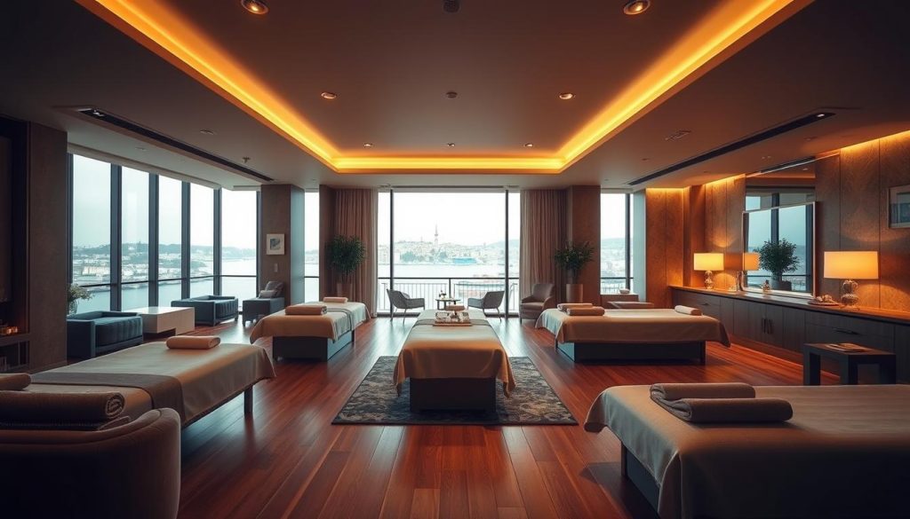 a high-quality luxury spa in Istanbul, Turkey. a spacious, well-lit interior with warm hardwood floors, elegant decor, and soothing ambient lighting. large windows overlooking a scenic view of the Bosphorus Strait and the historic city skyline. a serene atmosphere with soft natural colors, plush furniture, and calming water features. a range of massage tables and treatment rooms, staffed by experienced massage therapists. high-end amenities and top-notch facilities catering to a discerning clientele seeking a tranquil retreat from the bustling city. a sophisticated, relaxing setting that evokes a sense of rejuvenation and stress relief.