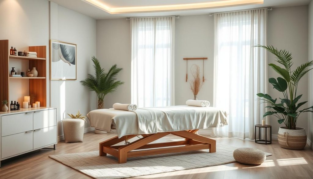 a professional, serene massage therapy office with natural lighting and calming tones, featuring a massage table with plush linens, essential oils, and relaxing accessories like candles and plants, conveying the soothing and rejuvenating benefits of massage for office workers, captured with a soft, diffused lens at a medium angle to showcase the tranquil atmosphere