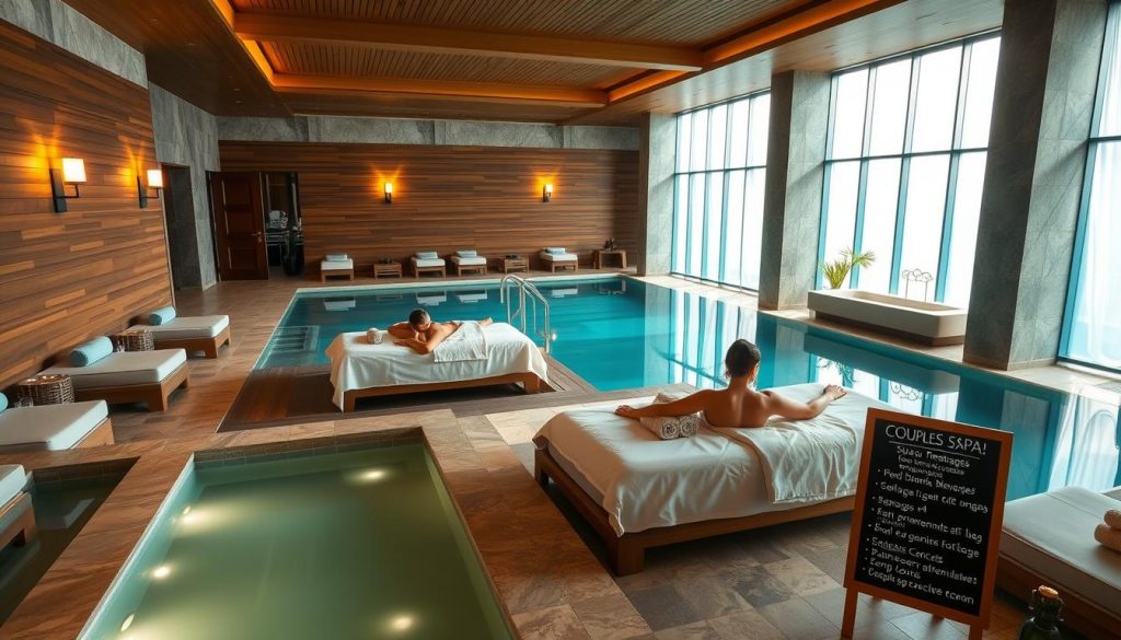 a serene and luxurious couples spa, with a tranquil indoor pool and plush lounge areas, soft lighting from wall sconces and natural sunlight streaming through large windows, wooden accents and natural stone surfaces, a calming palette of blues, greens, and neutrals, couples enjoying side-by-side massages on padded tables, steam room and sauna, a selection of rejuvenating treatments and spa packages displayed on a stylish chalkboard menu, an overall atmosphere of relaxation and romance a serene and luxurious couples spa, with a tranquil indoor pool and plush lounge areas, soft lighting from wall sconces and natural sunlight streaming through large windows, wooden accents and natural stone surfaces, a calming palette of blues, greens, and neutrals, couples enjoying side-by-side massages on padded tables, steam room and sauna, a selection of rejuvenating treatments and spa packages displayed on a stylish chalkboard menu, an overall atmosphere of relaxation and romance