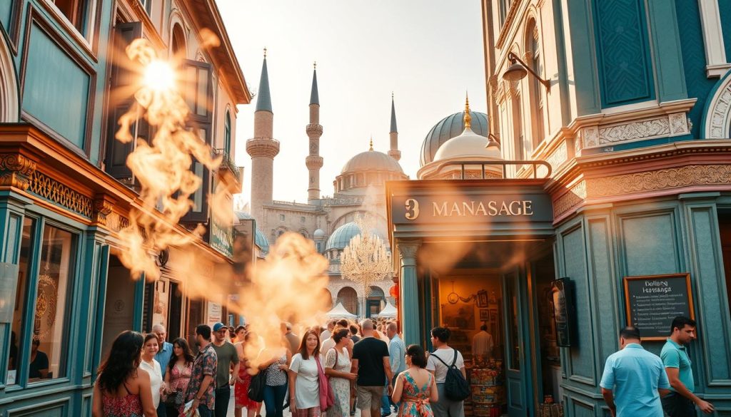 A bustling Istanbul street scene, with a traditional Turkish massage parlor in the foreground. The facade features ornate architectural details and a vibrant teal-and-gold color scheme. Plumes of aromatic steam curl from the open doorway, inviting passersby to step inside. Rays of warm, golden light filter through the windows, casting a soothing glow over the entrance. In the middle ground, a crowd of locals and tourists mingle, their colorful traditional garments and lively conversations adding to the lively, cultural atmosphere. In the background, the iconic minarets and domes of Istanbul's historic landmarks rise up, framing the scene with a sense of timeless splendor. The overall composition evokes a harmonious blend of modern wellness and ancient Eastern tradition. A bustling Istanbul street scene, with a traditional Turkish massage parlor in the foreground. The facade features ornate architectural details and a vibrant teal-and-gold color scheme. Plumes of aromatic steam curl from the open doorway, inviting passersby to step inside. Rays of warm, golden light filter through the windows, casting a soothing glow over the entrance. In the middle ground, a crowd of locals and tourists mingle, their colorful traditional garments and lively conversations adding to the lively, cultural atmosphere. In the background, the iconic minarets and domes of Istanbul's historic landmarks rise up, framing the scene with a sense of timeless splendor. The overall composition evokes a harmonious blend of modern wellness and ancient Eastern tradition.
