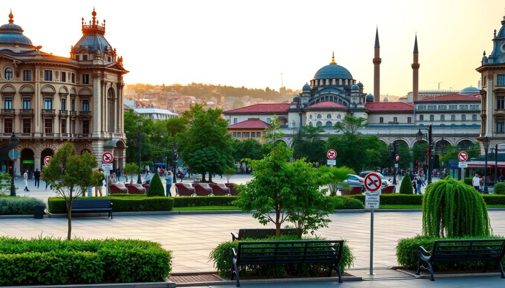 A bustling urban scene in central Istanbul, centered around the iconic Sirkeci Train Station. Ornate architecture and historic landmarks like the Hagia Sophia and Blue Mosque visible in the background, under a warm, golden-hour sky. In the foreground, a well-maintained plaza with lush greenery and benches, creating an inviting atmosphere for pedestrians. The area is suffused with a sense of timeless charm and convenience, perfect for those seeking a tranquil respite from the city's vibrant energy. Capture the location's accessibility, with clear pathways and signs guiding visitors. Convey a mood of relaxation, comfort and privacy amidst the cultural richness of central Istanbul. A bustling urban scene in central Istanbul, centered around the iconic Sirkeci Train Station. Ornate architecture and historic landmarks like the Hagia Sophia and Blue Mosque visible in the background, under a warm, golden-hour sky. In the foreground, a well-maintained plaza with lush greenery and benches, creating an inviting atmosphere for pedestrians. The area is suffused with a sense of timeless charm and convenience, perfect for those seeking a tranquil respite from the city's vibrant energy. Capture the location's accessibility, with clear pathways and signs guiding visitors. Convey a mood of relaxation, comfort and privacy amidst the cultural richness of central Istanbul.