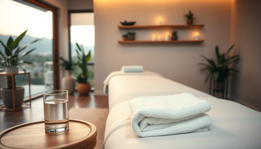 A calming, spa-like scene of a massage preparation area. In the foreground, neatly folded plush towels and a glass of water sit on a wooden side table. The middle ground features a padded massage table draped with soft linens, bathed in warm, diffused lighting. The background shows serene, minimalist decor - potted plants, a wall-mounted shelf with aromatherapy candles, and a large window overlooking a tranquil outdoor landscape. The atmosphere conveys a sense of relaxation, comfort, and thoughtful preparation for a restorative massage experience. A calming, spa-like scene of a massage preparation area. In the foreground, neatly folded plush towels and a glass of water sit on a wooden side table. The middle ground features a padded massage table draped with soft linens, bathed in warm, diffused lighting. The background shows serene, minimalist decor - potted plants, a wall-mounted shelf with aromatherapy candles, and a large window overlooking a tranquil outdoor landscape. The atmosphere conveys a sense of relaxation, comfort, and thoughtful preparation for a restorative massage experience.
