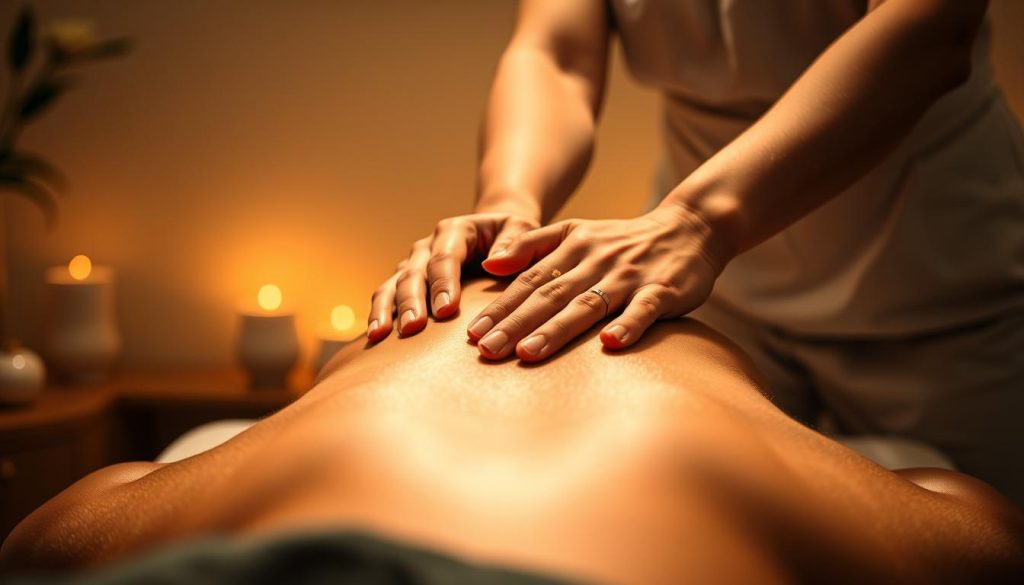 A close-up view of skillful hands performing a deep tissue massage on a person's back, set against a calming, dimly lit studio with soothing ambient lighting. The masseuse's movements are fluid and deliberate, conveying a sense of expertise and tranquility. The scene exudes an atmosphere of relaxation and therapeutic healing, with a focus on the therapist's technique and the client's state of serenity. A close-up view of skillful hands performing a deep tissue massage on a person's back, set against a calming, dimly lit studio with soothing ambient lighting. The masseuse's movements are fluid and deliberate, conveying a sense of expertise and tranquility. The scene exudes an atmosphere of relaxation and therapeutic healing, with a focus on the therapist's technique and the client's state of serenity.