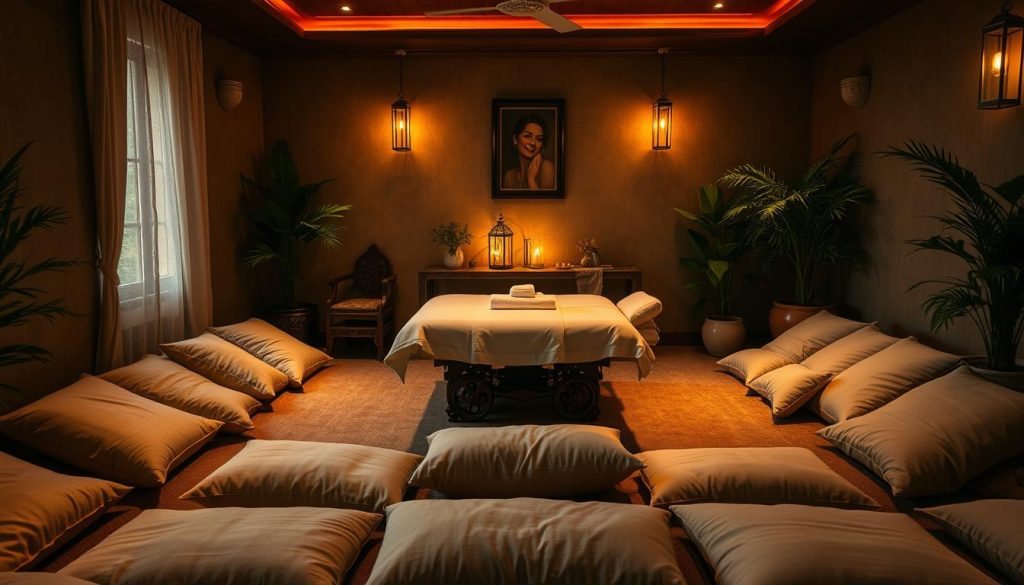 A cozy, dimly-lit massage parlor in the heart of Fatih, Istanbul. Plush, oversized pillows line the floor, creating a serene, cocoon-like environment. Warm, amber lighting casts a soft glow, while the gentle scent of sandalwood and jasmine wafts through the air. In the center, an ornate wooden massage table stands, adorned with crisp, white linens. Lush potted plants and decorative lanterns dot the space, creating a tranquil, spa-like ambiance. A single, expertly-crafted massage chair occupies the corner, inviting visitors to sink into its comfort. The overall scene exudes a sense of relaxation, wellness, and rejuvenation, perfectly capturing the essence of the Fatih massage experience. A cozy, dimly-lit massage parlor in the heart of Fatih, Istanbul. Plush, oversized pillows line the floor, creating a serene, cocoon-like environment. Warm, amber lighting casts a soft glow, while the gentle scent of sandalwood and jasmine wafts through the air. In the center, an ornate wooden massage table stands, adorned with crisp, white linens. Lush potted plants and decorative lanterns dot the space, creating a tranquil, spa-like ambiance. A single, expertly-crafted massage chair occupies the corner, inviting visitors to sink into its comfort. The overall scene exudes a sense of relaxation, wellness, and rejuvenation, perfectly capturing the essence of the Fatih massage experience.