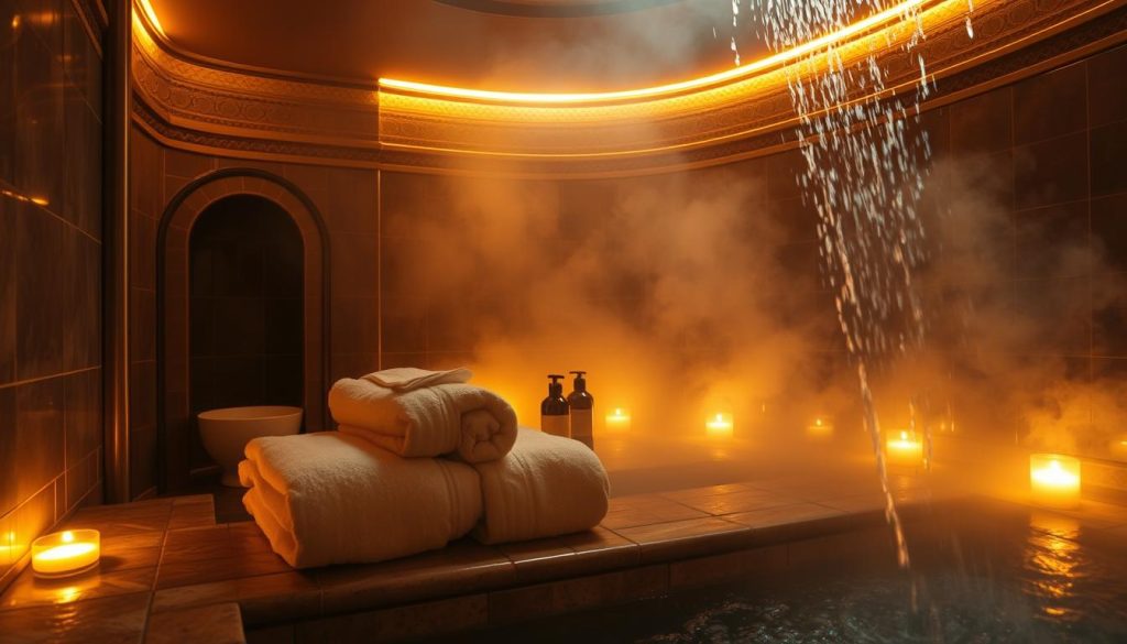 A cozy, dimly lit private hammam room in Istanbul, adorned with traditional Turkish tiles and architectural elements. Soft, warm lighting casts a golden glow, creating an intimate and relaxing atmosphere. Plush, oversized towels and luxurious bath products are neatly arranged, inviting visitors to indulge in a pampering wellness experience. The steam-filled room is accented by the gentle sound of flowing water, transporting the viewer to a tranquil oasis of self-care and relaxation. The scene exudes a sense of seclusion and exclusivity, perfectly capturing the essence of Istanbul's finest private wellness retreats.