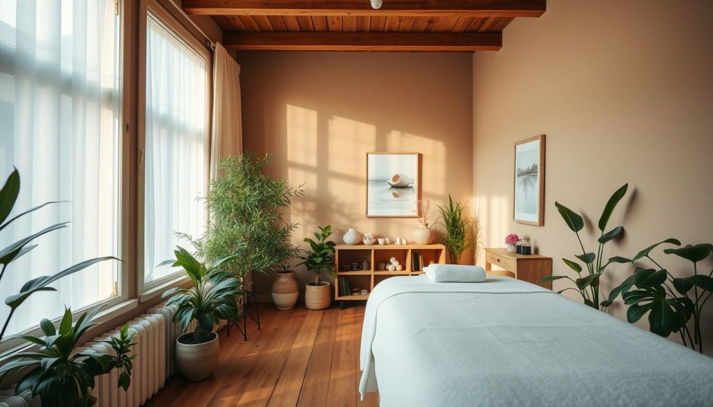 A cozy, intimate interior of a therapeutic massage center in Kadıköy, Istanbul. Soft, diffused lighting filters through large windows, creating a serene, calming atmosphere. Wooden floors and minimal, natural-toned furnishings exude a sense of tranquility. Lush potted plants and subtle aromatherapy elements accentuate the soothing, holistic ambiance. In the foreground, a massage table invites visitors to indulge in a rejuvenating experience, while the middle ground showcases serene artwork and calming decor. The background features warm, neutral-toned walls, conveying a sense of comfort and safety. The overall composition evokes a hidden oasis of relaxation and therapeutic well-being.