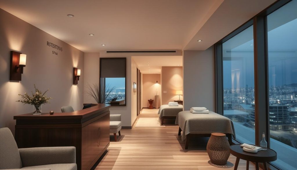 A cozy, modern spa interior in Bakırköy, Istanbul. The foreground features a tranquil reception area with a wooden desk and plush seating. Soft lighting emanates from sconces on the walls, creating a warm and inviting atmosphere. The middle ground showcases a hallway leading to treatment rooms, decorated with calming, neutral-toned decor. In the background, large windows offer a glimpse of the vibrant city outside, providing a serene contrast. The overall scene conveys a sense of relaxation and rejuvenation, perfectly capturing the essence of choosing the ideal spa for a restorative massage experience in Bakırköy.